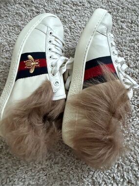 Gucci White Leather Fur-Trim Sneakers